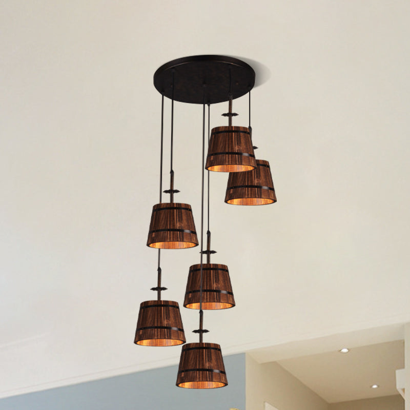 Wooden Tapered Shade Pendant Lighting 6-Light Industrial Hanging Light in Brown for Coffee Shop Clearhalo 'Art Deco Pendants' 'Black' 'Cast Iron' 'Ceiling Lights' 'Ceramic' 'Crystal' 'Industrial Pendants' 'Industrial' 'Metal' 'Middle Century Pendants' 'Pendant Lights' 'Pendants' 'Rustic Pendants' 'Tiffany' Lighting' 1796913