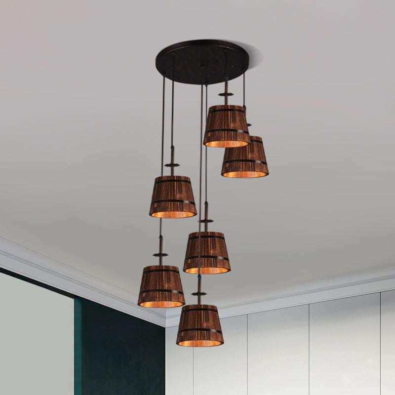 Wooden Tapered Shade Pendant Lighting 6-Light Industrial Hanging Light in Brown for Coffee Shop Clearhalo 'Art Deco Pendants' 'Black' 'Cast Iron' 'Ceiling Lights' 'Ceramic' 'Crystal' 'Industrial Pendants' 'Industrial' 'Metal' 'Middle Century Pendants' 'Pendant Lights' 'Pendants' 'Rustic Pendants' 'Tiffany' Lighting' 1796914