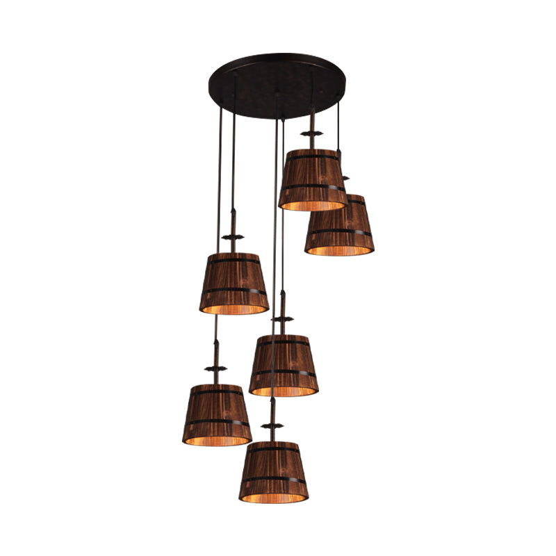 Wooden Tapered Shade Pendant Lighting 6-Light Industrial Hanging Light in Brown for Coffee Shop Clearhalo 'Art Deco Pendants' 'Black' 'Cast Iron' 'Ceiling Lights' 'Ceramic' 'Crystal' 'Industrial Pendants' 'Industrial' 'Metal' 'Middle Century Pendants' 'Pendant Lights' 'Pendants' 'Rustic Pendants' 'Tiffany' Lighting' 1796915