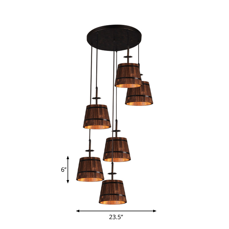 Wooden Tapered Shade Pendant Lighting 6-Light Industrial Hanging Light in Brown for Coffee Shop Clearhalo 'Art Deco Pendants' 'Black' 'Cast Iron' 'Ceiling Lights' 'Ceramic' 'Crystal' 'Industrial Pendants' 'Industrial' 'Metal' 'Middle Century Pendants' 'Pendant Lights' 'Pendants' 'Rustic Pendants' 'Tiffany' Lighting' 1796916