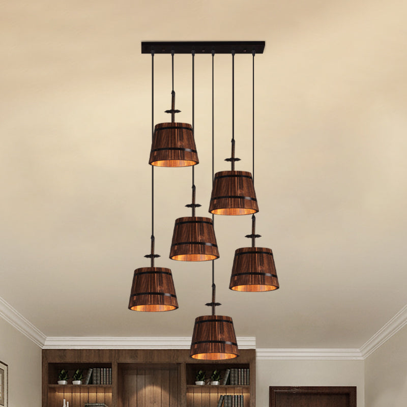 Wooden Tapered Shade Pendant Lighting 6-Light Industrial Hanging Light in Brown for Coffee Shop Clearhalo 'Art Deco Pendants' 'Black' 'Cast Iron' 'Ceiling Lights' 'Ceramic' 'Crystal' 'Industrial Pendants' 'Industrial' 'Metal' 'Middle Century Pendants' 'Pendant Lights' 'Pendants' 'Rustic Pendants' 'Tiffany' Lighting' 1796918