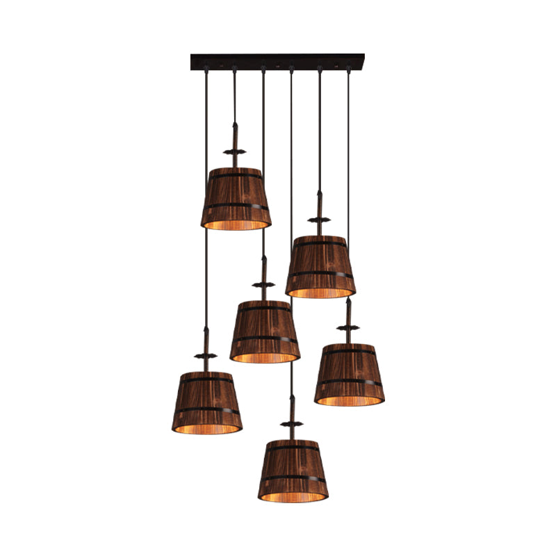 Wooden Tapered Shade Pendant Lighting 6-Light Industrial Hanging Light in Brown for Coffee Shop Clearhalo 'Art Deco Pendants' 'Black' 'Cast Iron' 'Ceiling Lights' 'Ceramic' 'Crystal' 'Industrial Pendants' 'Industrial' 'Metal' 'Middle Century Pendants' 'Pendant Lights' 'Pendants' 'Rustic Pendants' 'Tiffany' Lighting' 1796919