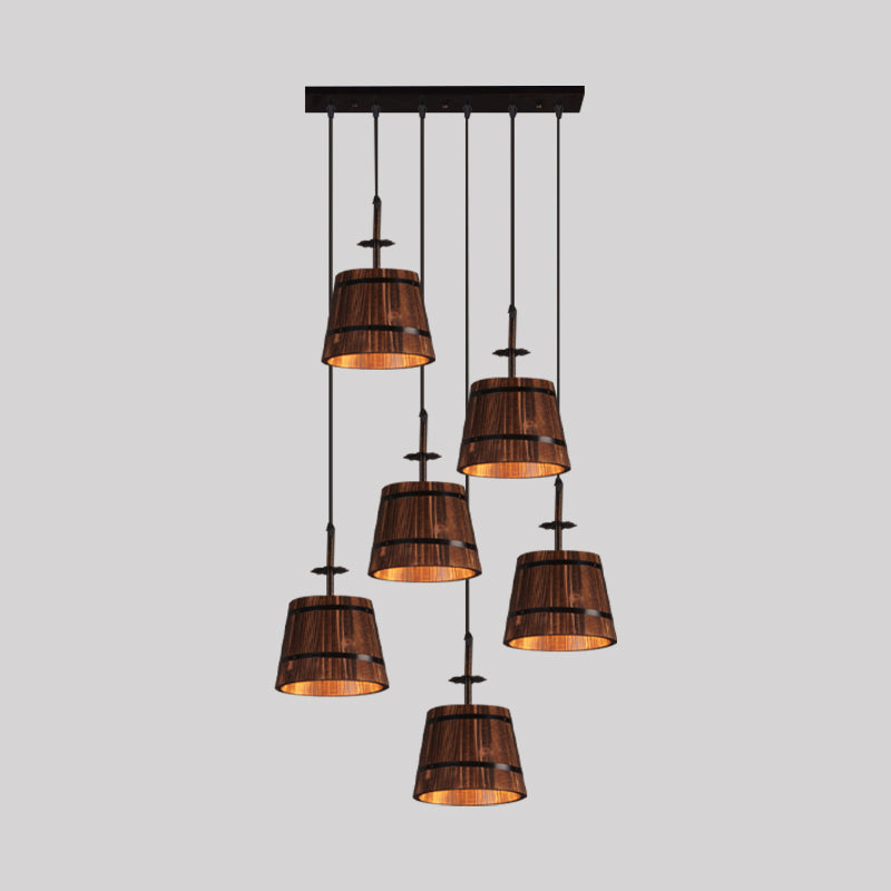 Wooden Tapered Shade Pendant Lighting 6-Light Industrial Hanging Light in Brown for Coffee Shop Clearhalo 'Art Deco Pendants' 'Black' 'Cast Iron' 'Ceiling Lights' 'Ceramic' 'Crystal' 'Industrial Pendants' 'Industrial' 'Metal' 'Middle Century Pendants' 'Pendant Lights' 'Pendants' 'Rustic Pendants' 'Tiffany' Lighting' 1796920