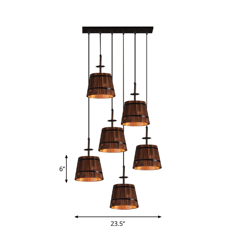 Wooden Tapered Shade Pendant Lighting 6-Light Industrial Hanging Light in Brown for Coffee Shop Clearhalo 'Art Deco Pendants' 'Black' 'Cast Iron' 'Ceiling Lights' 'Ceramic' 'Crystal' 'Industrial Pendants' 'Industrial' 'Metal' 'Middle Century Pendants' 'Pendant Lights' 'Pendants' 'Rustic Pendants' 'Tiffany' Lighting' 1796921