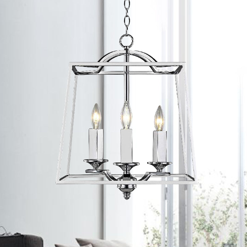 Polished Silver 3 Heads Pendant Light Industrial Style Metal Trapezoid Cage Hanging Ceiling Fixture Silver Clearhalo 'Ceiling Lights' 'Chandeliers' 'Modern Chandeliers' 'Modern' Lighting' 1796932