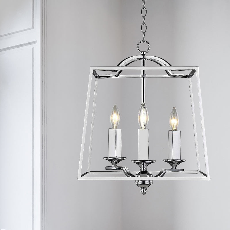 Polished Silver 3 Heads Pendant Light Industrial Style Metal Trapezoid Cage Hanging Ceiling Fixture Clearhalo 'Ceiling Lights' 'Chandeliers' 'Modern Chandeliers' 'Modern' Lighting' 1796933