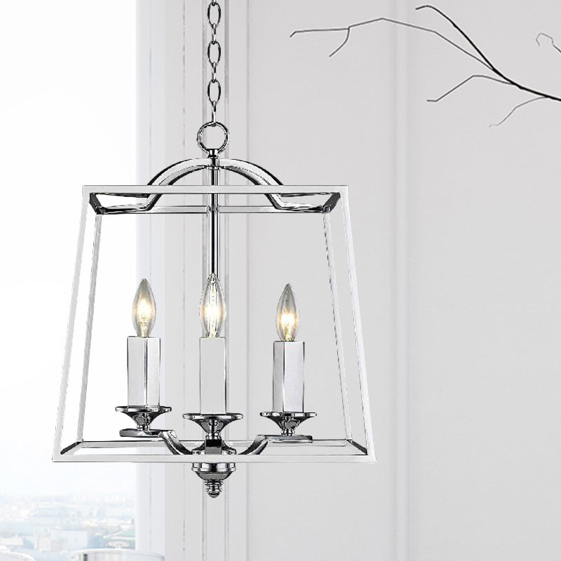 Polished Silver 3 Heads Pendant Light Industrial Style Metal Trapezoid Cage Hanging Ceiling Fixture Clearhalo 'Ceiling Lights' 'Chandeliers' 'Modern Chandeliers' 'Modern' Lighting' 1796934