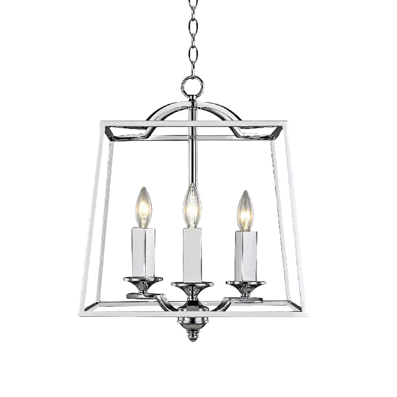 Polished Silver 3 Heads Pendant Light Industrial Style Metal Trapezoid Cage Hanging Ceiling Fixture Clearhalo 'Ceiling Lights' 'Chandeliers' 'Modern Chandeliers' 'Modern' Lighting' 1796935