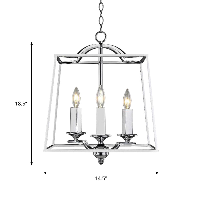 Polished Silver 3 Heads Pendant Light Industrial Style Metal Trapezoid Cage Hanging Ceiling Fixture Clearhalo 'Ceiling Lights' 'Chandeliers' 'Modern Chandeliers' 'Modern' Lighting' 1796936