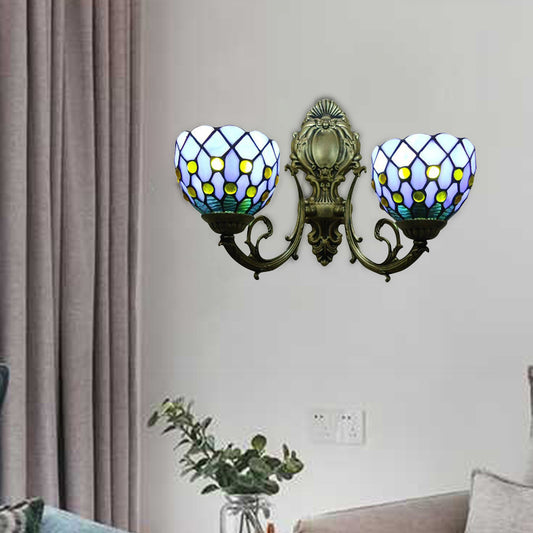 2-Bulb Lattice Bowl Wall Sconce Tiffany Traditional Wall Lamp in Blue/Beige for Bathroom Blue Clearhalo 'Industrial' 'Middle century wall lights' 'Tiffany wall lights' 'Tiffany' 'Wall Lamps & Sconces' 'Wall Lights' Lighting' 179696