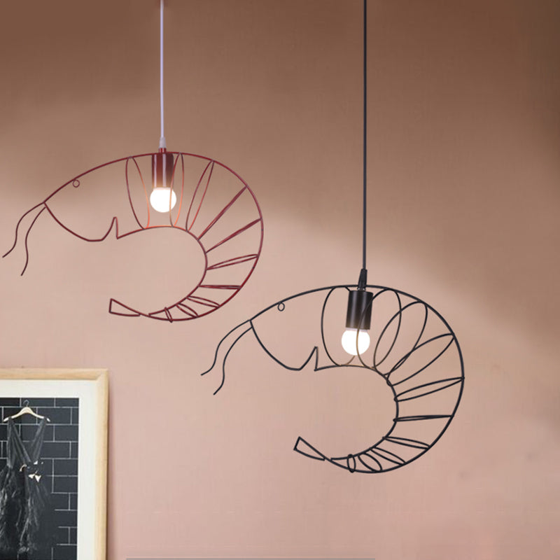 1 Light Metal Hanging Lamp Retro Stylish Black/Red/White Shrimp Dining Room Pendant Light with Wire Guard Clearhalo 'Ceiling Lights' 'Pendant Lights' 'Pendants' Lighting' 1796972