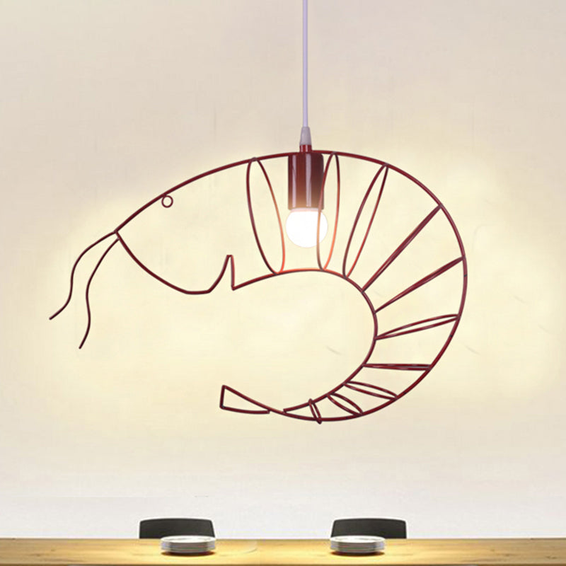 1 Light Metal Hanging Lamp Retro Stylish Black/Red/White Shrimp Dining Room Pendant Light with Wire Guard Clearhalo 'Ceiling Lights' 'Pendant Lights' 'Pendants' Lighting' 1796981