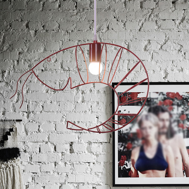 1 Light Metal Hanging Lamp Retro Stylish Black/Red/White Shrimp Dining Room Pendant Light with Wire Guard Clearhalo 'Ceiling Lights' 'Pendant Lights' 'Pendants' Lighting' 1796983