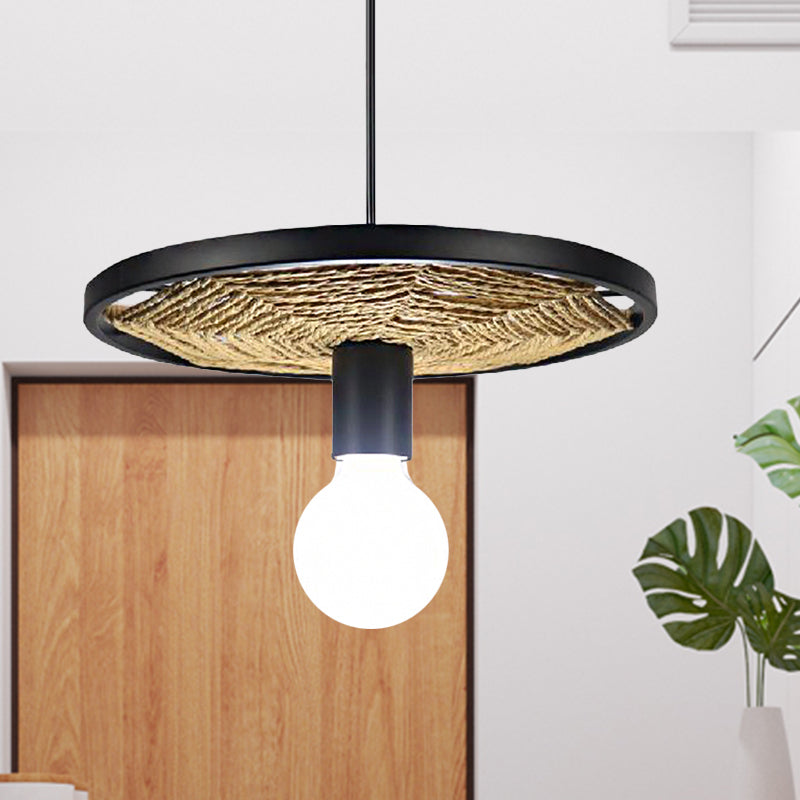 1 Light Round Pendant Light with Wheel Lodge Style Black Metallic and Rope Hanging Lamp for Dining Room Black Clearhalo 'Ceiling Lights' 'Pendant Lights' 'Pendants' Lighting' 1797004_65b47b94-45ac-4f27-9286-ce7d9a04e441