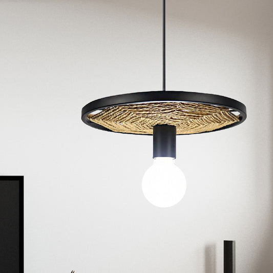 1 Light Round Pendant Light with Wheel Lodge Style Black Metallic and Rope Hanging Lamp for Dining Room Clearhalo 'Ceiling Lights' 'Pendant Lights' 'Pendants' Lighting' 1797005