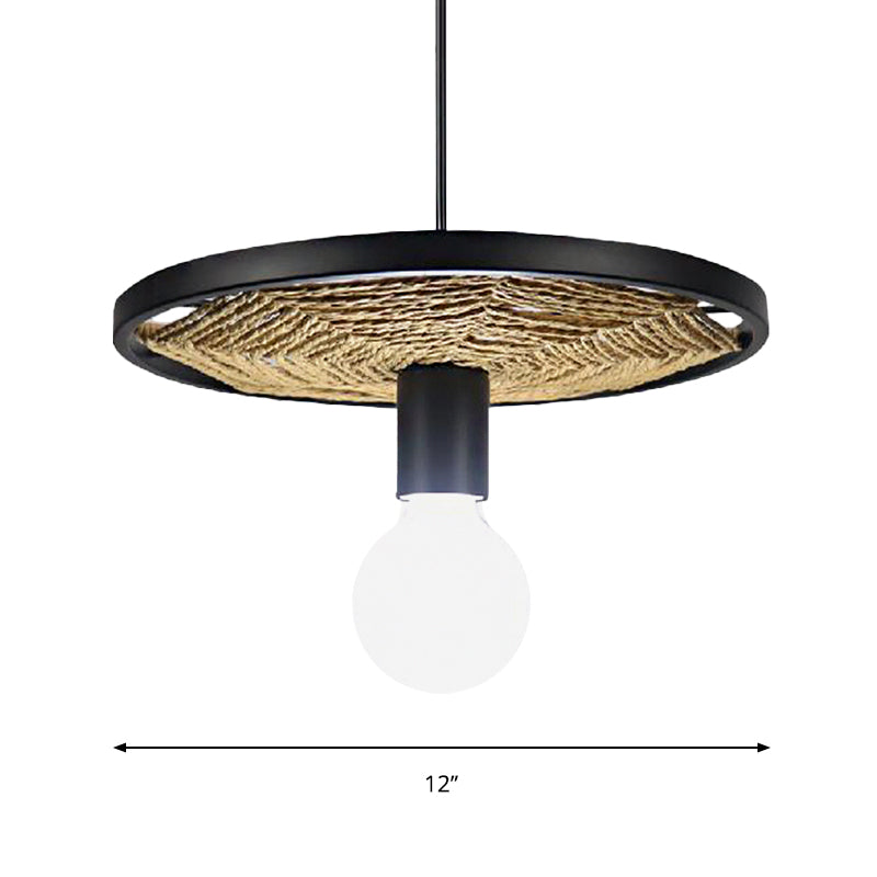 1 Light Round Pendant Light with Wheel Lodge Style Black Metallic and Rope Hanging Lamp for Dining Room Clearhalo 'Ceiling Lights' 'Pendant Lights' 'Pendants' Lighting' 1797008