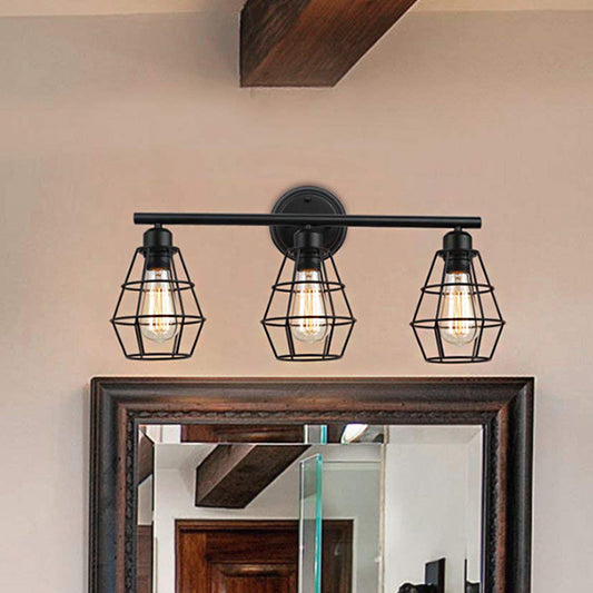 Caged Shade Bathroom Wall Lamp Sconce Industrial Style Metal 3 Lights Black Wall Mount Light Black Clearhalo 'Art deco wall lights' 'Cast Iron' 'Glass' 'Industrial wall lights' 'Industrial' 'Middle century wall lights' 'Modern' 'Rustic wall lights' 'Tiffany' 'Traditional wall lights' 'Vanity Lights' 'Wall Lights' Lighting' 1797029