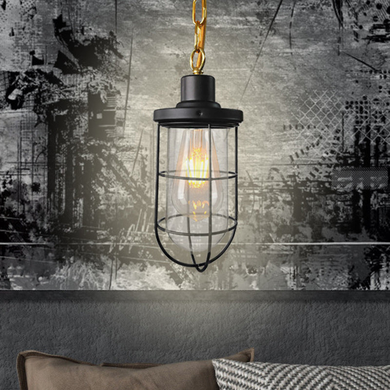 Coastal Caged Pendant Lamp Single-Bulb Clear Glass Hanging Light Fixture in Black for Bedroom Black Clearhalo 'Art Deco Pendants' 'Black' 'Cast Iron' 'Ceiling Lights' 'Ceramic' 'Crystal' 'Industrial Pendants' 'Industrial' 'Metal' 'Middle Century Pendants' 'Pendant Lights' 'Pendants' 'Rustic Pendants' 'Tiffany' Lighting' 1797039