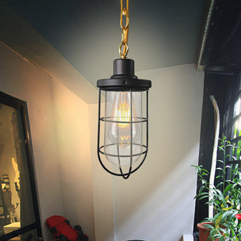 Coastal Caged Pendant Lamp Single-Bulb Clear Glass Hanging Light Fixture in Black for Bedroom Clearhalo 'Art Deco Pendants' 'Black' 'Cast Iron' 'Ceiling Lights' 'Ceramic' 'Crystal' 'Industrial Pendants' 'Industrial' 'Metal' 'Middle Century Pendants' 'Pendant Lights' 'Pendants' 'Rustic Pendants' 'Tiffany' Lighting' 1797040
