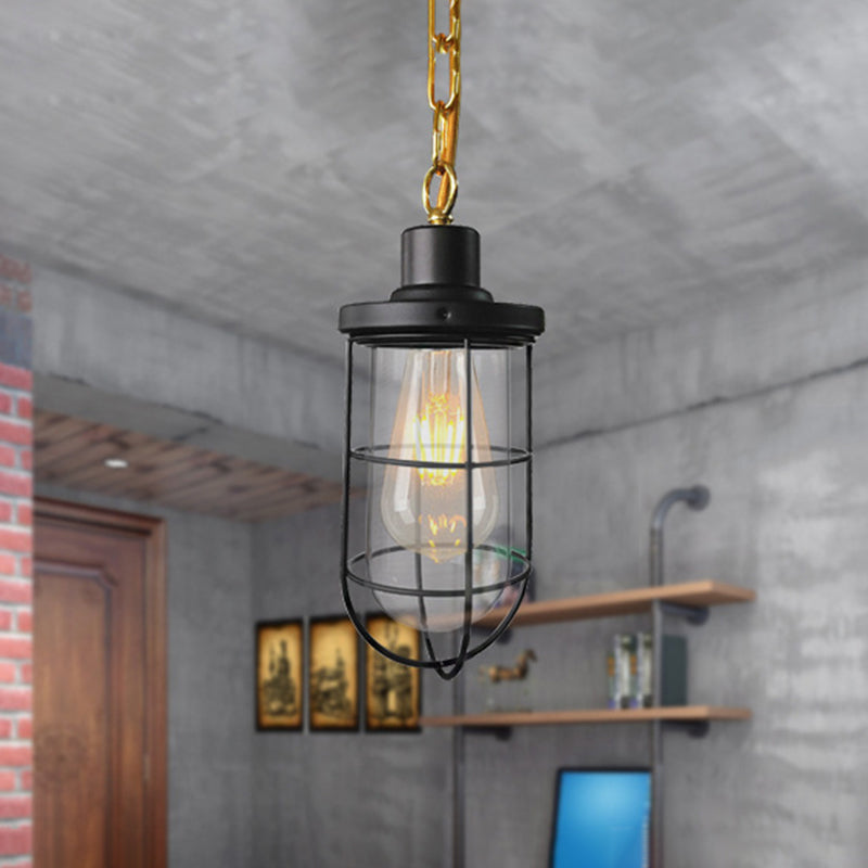 Coastal Caged Pendant Lamp Single-Bulb Clear Glass Hanging Light Fixture in Black for Bedroom Clearhalo 'Art Deco Pendants' 'Black' 'Cast Iron' 'Ceiling Lights' 'Ceramic' 'Crystal' 'Industrial Pendants' 'Industrial' 'Metal' 'Middle Century Pendants' 'Pendant Lights' 'Pendants' 'Rustic Pendants' 'Tiffany' Lighting' 1797041