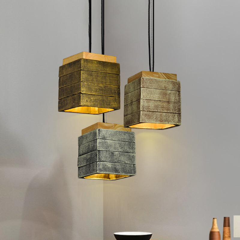 Gray/Brown/Brass Cubic Shade Hanging Lamp Vintage Wood and Cement 1 Head Restaurant Pendant Lighting Brown Clearhalo 'Ceiling Lights' 'Modern Pendants' 'Modern' 'Pendant Lights' 'Pendants' Lighting' 1797057