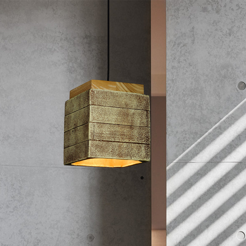 Gray/Brown/Brass Cubic Shade Hanging Lamp Vintage Wood and Cement 1 Head Restaurant Pendant Lighting Clearhalo 'Ceiling Lights' 'Modern Pendants' 'Modern' 'Pendant Lights' 'Pendants' Lighting' 1797058