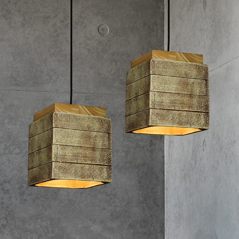 Gray/Brown/Brass Cubic Shade Hanging Lamp Vintage Wood and Cement 1 Head Restaurant Pendant Lighting Clearhalo 'Ceiling Lights' 'Modern Pendants' 'Modern' 'Pendant Lights' 'Pendants' Lighting' 1797059