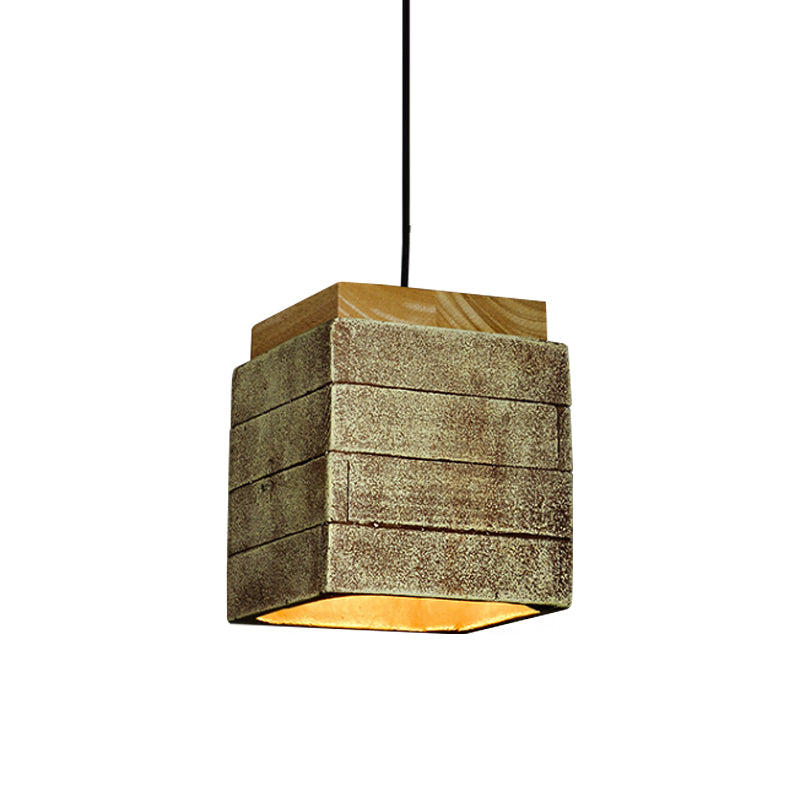 Gray/Brown/Brass Cubic Shade Hanging Lamp Vintage Wood and Cement 1 Head Restaurant Pendant Lighting Clearhalo 'Ceiling Lights' 'Modern Pendants' 'Modern' 'Pendant Lights' 'Pendants' Lighting' 1797060