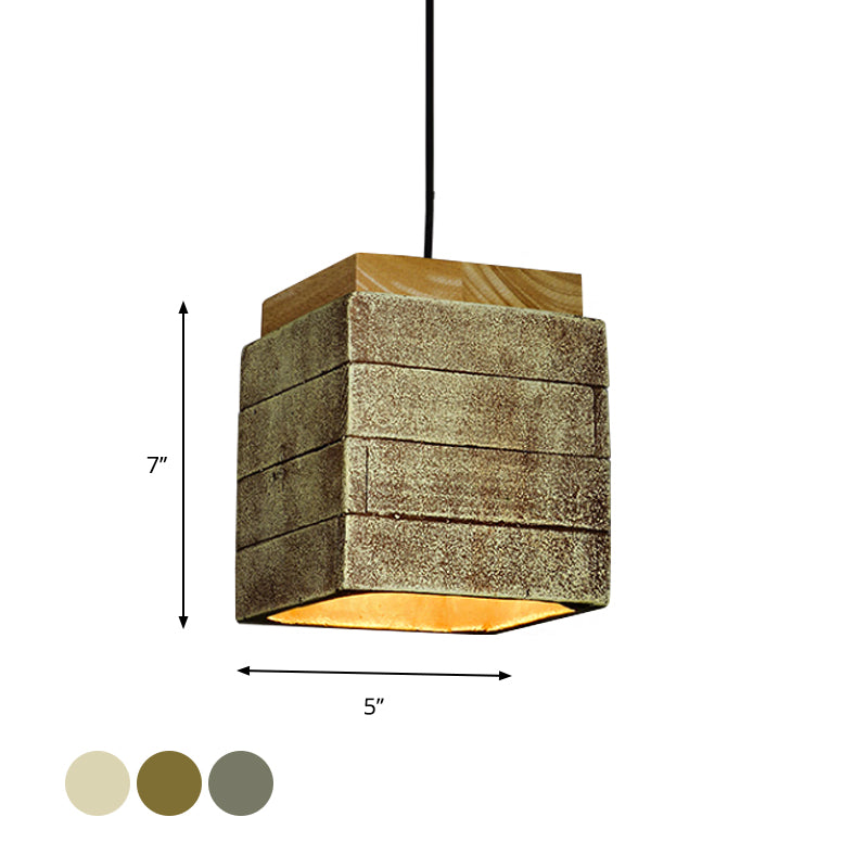 Gray/Brown/Brass Cubic Shade Hanging Lamp Vintage Wood and Cement 1 Head Restaurant Pendant Lighting Clearhalo 'Ceiling Lights' 'Modern Pendants' 'Modern' 'Pendant Lights' 'Pendants' Lighting' 1797061