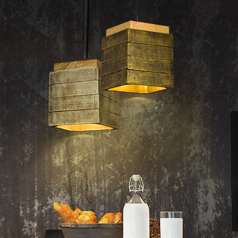 Gray/Brown/Brass Cubic Shade Hanging Lamp Vintage Wood and Cement 1 Head Restaurant Pendant Lighting Brass Clearhalo 'Ceiling Lights' 'Modern Pendants' 'Modern' 'Pendant Lights' 'Pendants' Lighting' 1797062