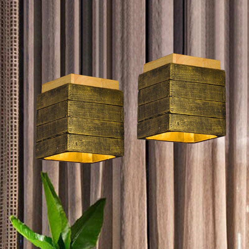 Gray/Brown/Brass Cubic Shade Hanging Lamp Vintage Wood and Cement 1 Head Restaurant Pendant Lighting Clearhalo 'Ceiling Lights' 'Modern Pendants' 'Modern' 'Pendant Lights' 'Pendants' Lighting' 1797064