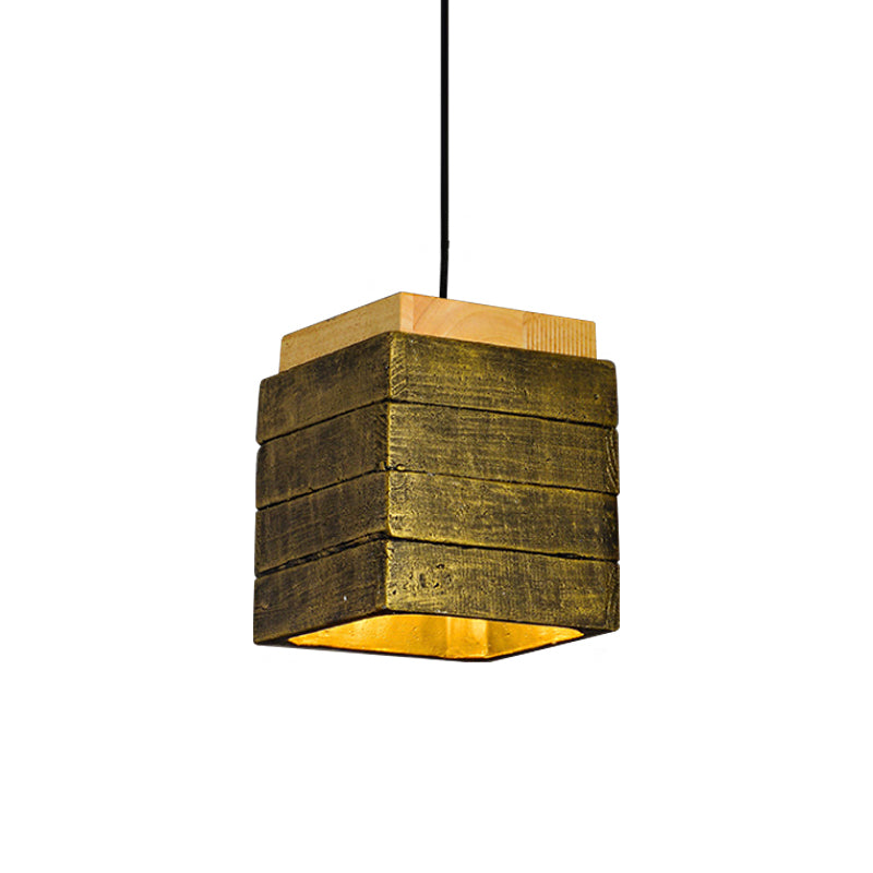 Gray/Brown/Brass Cubic Shade Hanging Lamp Vintage Wood and Cement 1 Head Restaurant Pendant Lighting Clearhalo 'Ceiling Lights' 'Modern Pendants' 'Modern' 'Pendant Lights' 'Pendants' Lighting' 1797065