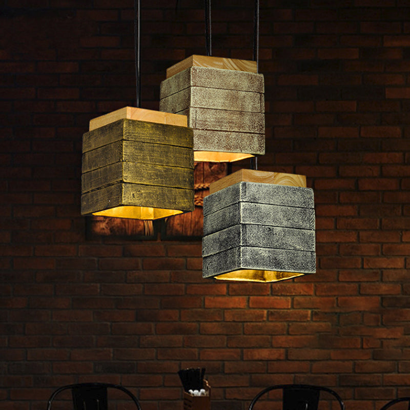 Gray/Brown/Brass Cubic Shade Hanging Lamp Vintage Wood and Cement 1 Head Restaurant Pendant Lighting Grey Clearhalo 'Ceiling Lights' 'Modern Pendants' 'Modern' 'Pendant Lights' 'Pendants' Lighting' 1797066