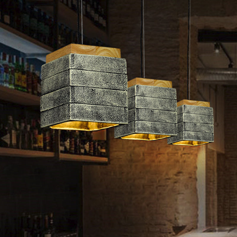 Gray/Brown/Brass Cubic Shade Hanging Lamp Vintage Wood and Cement 1 Head Restaurant Pendant Lighting Clearhalo 'Ceiling Lights' 'Modern Pendants' 'Modern' 'Pendant Lights' 'Pendants' Lighting' 1797067