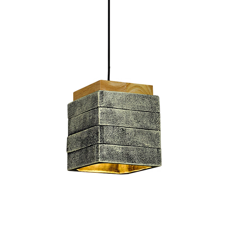 Gray/Brown/Brass Cubic Shade Hanging Lamp Vintage Wood and Cement 1 Head Restaurant Pendant Lighting Clearhalo 'Ceiling Lights' 'Modern Pendants' 'Modern' 'Pendant Lights' 'Pendants' Lighting' 1797069