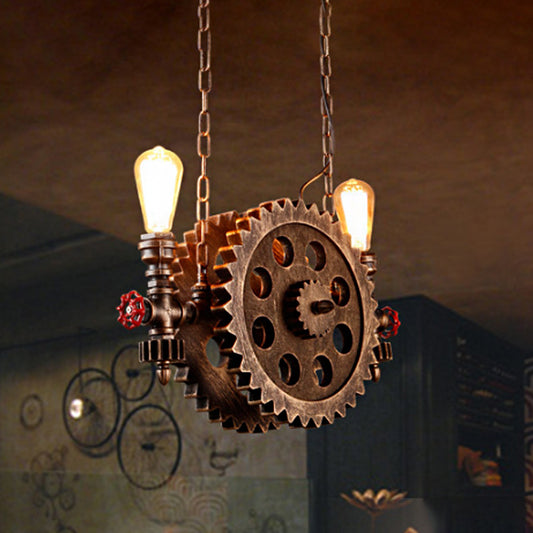 Antique Stylish Gear Pendant Light with Exposed Bulb 2 Lights Metallic Island Pendant Light in Rust for Dining Room Rust Clearhalo 'Ceiling Lights' 'Island Lights' Lighting' 1797075