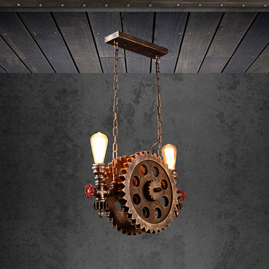 Antique Stylish Gear Pendant Light with Exposed Bulb 2 Lights Metallic Island Pendant Light in Rust for Dining Room Clearhalo 'Ceiling Lights' 'Island Lights' Lighting' 1797076