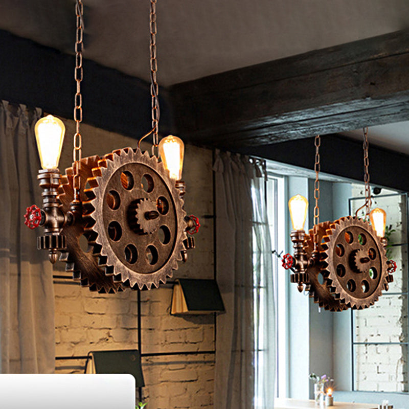 Antique Stylish Gear Pendant Light with Exposed Bulb 2 Lights Metallic Island Pendant Light in Rust for Dining Room Clearhalo 'Ceiling Lights' 'Island Lights' Lighting' 1797077