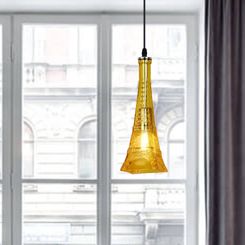 1 Head Tower Pendant Light Fixture Vintage Purple/Yellow Glass Mini Hanging Lamp for Restaurant Clearhalo 'Ceiling Lights' 'Close To Ceiling Lights' 'Glass shade' 'Glass' 'Industrial Pendants' 'Industrial' 'Middle Century Pendants' 'Pendant Lights' 'Pendants' 'Tiffany' Lighting' 1797168