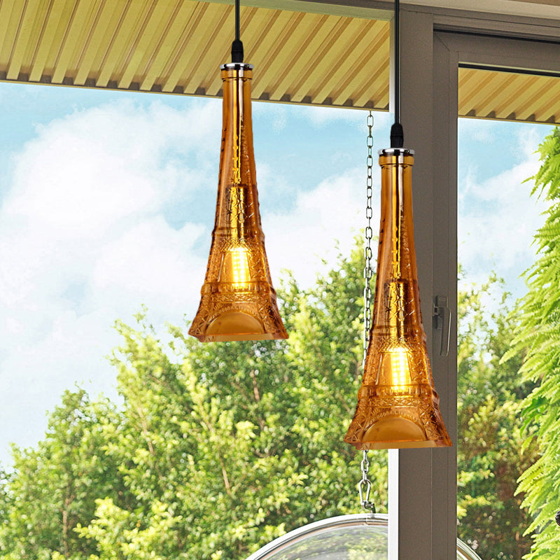 1 Head Tower Pendant Light Fixture Vintage Purple/Yellow Glass Mini Hanging Lamp for Restaurant Clearhalo 'Ceiling Lights' 'Close To Ceiling Lights' 'Glass shade' 'Glass' 'Industrial Pendants' 'Industrial' 'Middle Century Pendants' 'Pendant Lights' 'Pendants' 'Tiffany' Lighting' 1797172