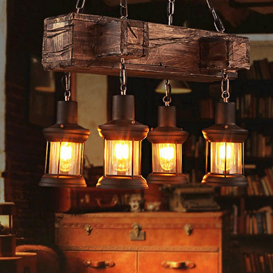 Lantern Clear Glass Hanging Pendant Coastal 4-Light Dining Room Island Light Fixture in Brown with Wood Deco Brown Clearhalo 'Ceiling Lights' 'Island Lights' Lighting' 1797285