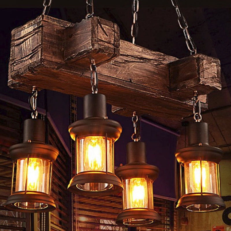 Lantern Clear Glass Hanging Pendant Coastal 4-Light Dining Room Island Light Fixture in Brown with Wood Deco Clearhalo 'Ceiling Lights' 'Island Lights' Lighting' 1797286