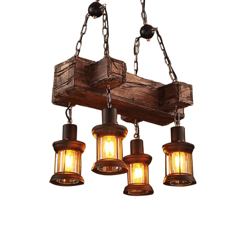 Lantern Clear Glass Hanging Pendant Coastal 4-Light Dining Room Island Light Fixture in Brown with Wood Deco Clearhalo 'Ceiling Lights' 'Island Lights' Lighting' 1797288