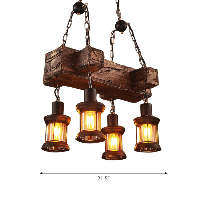 Lantern Clear Glass Hanging Pendant Coastal 4-Light Dining Room Island Light Fixture in Brown with Wood Deco Clearhalo 'Ceiling Lights' 'Island Lights' Lighting' 1797289