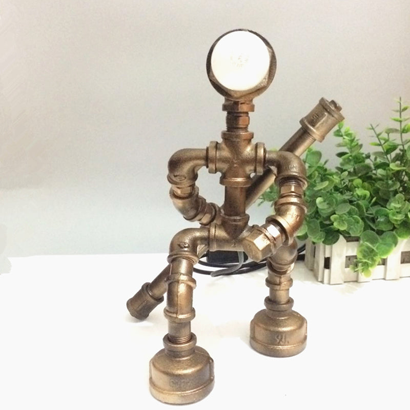 Robot Design Coffee Shop Table Light with Plumbing Pipe Vintage Metallic 1 Light Brass Table Lamp Brass A Clearhalo 'Lamps' 'Table Lamps' Lighting' 1797301