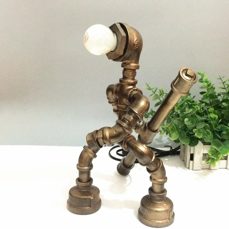 Robot Design Coffee Shop Table Light with Plumbing Pipe Vintage Metallic 1 Light Brass Table Lamp Clearhalo 'Lamps' 'Table Lamps' Lighting' 1797302