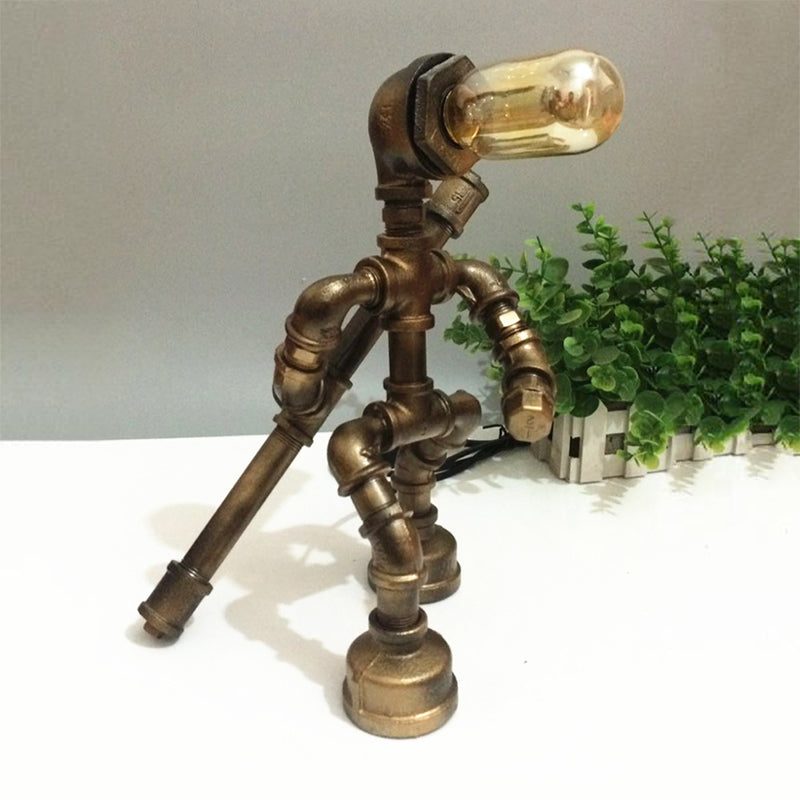 Robot Design Coffee Shop Table Light with Plumbing Pipe Vintage Metallic 1 Light Brass Table Lamp Clearhalo 'Lamps' 'Table Lamps' Lighting' 1797303