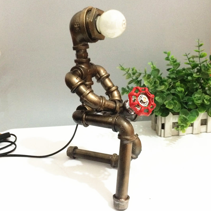 Robot Design Coffee Shop Table Light with Plumbing Pipe Vintage Metallic 1 Light Brass Table Lamp Brass B Clearhalo 'Lamps' 'Table Lamps' Lighting' 1797306