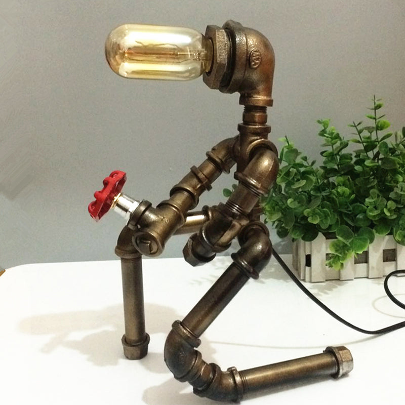 Robot Design Coffee Shop Table Light with Plumbing Pipe Vintage Metallic 1 Light Brass Table Lamp Clearhalo 'Lamps' 'Table Lamps' Lighting' 1797308