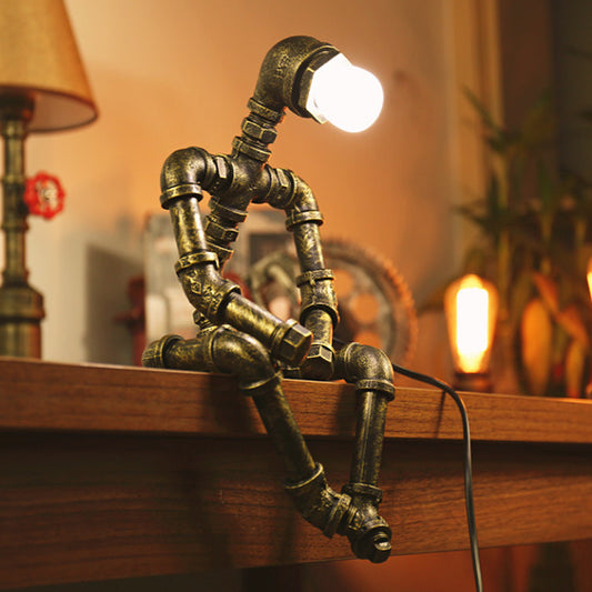 Antique Bronze Sitting Robot Table Lighting Industrial Style Metal 1 Light Bedroom Table Light with Pipe Antique Bronze Clearhalo 'Lamps' 'Table Lamps' Lighting' 1797368